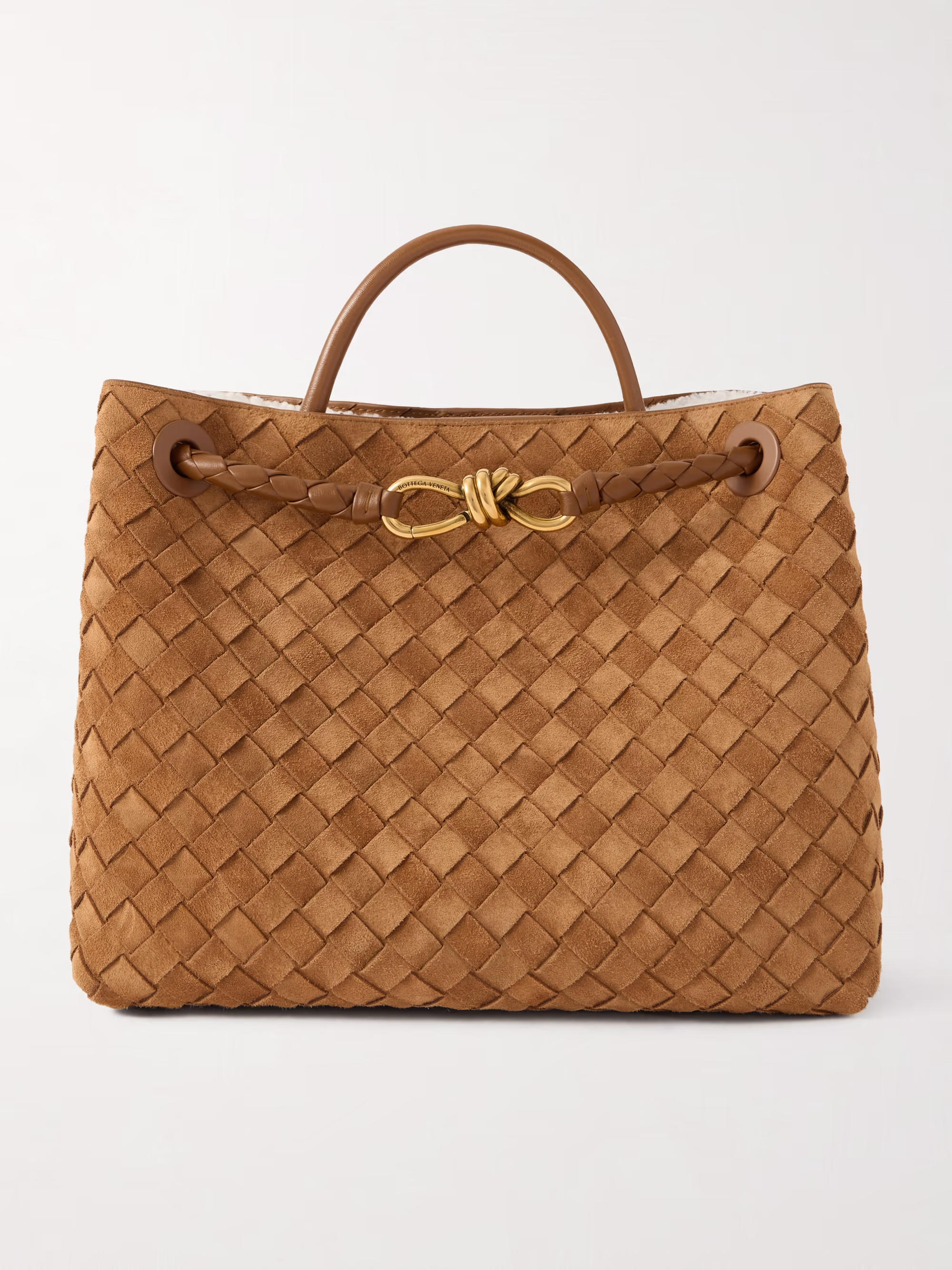 Bottega Veneta Andiamo medium shearling-lined leather-trimmed Intrecciato suede tote