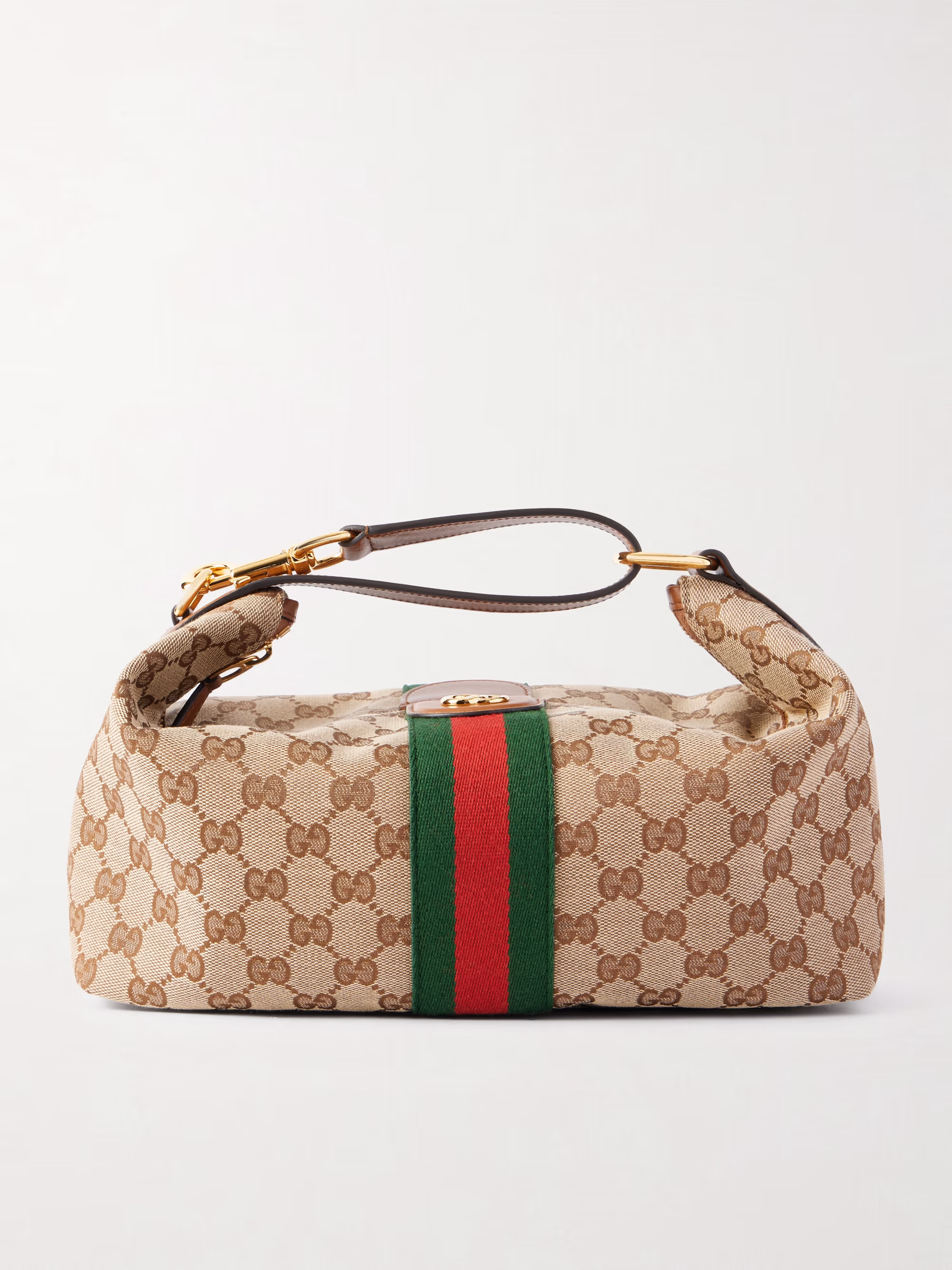 Gucci Ophidia leather-trimmed striped coated-canvas clutch