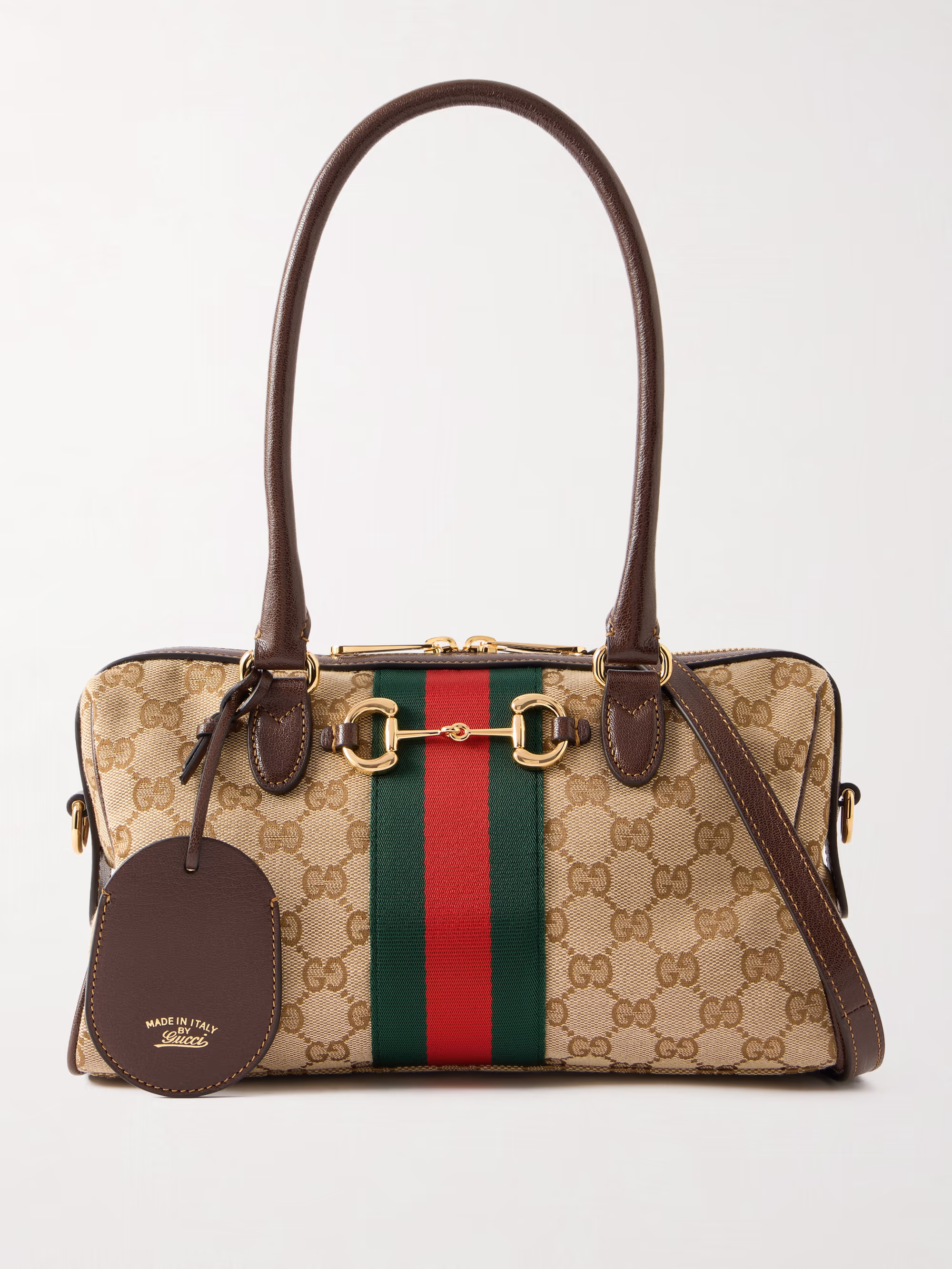 Gucci Borsetto medium leather and webbing-trimmed canvas-jacquard shoulder bag