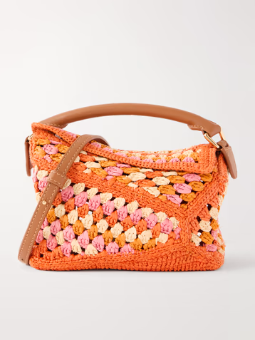 Loewe + Paula's Ibiza Puzzle Edge mini leather-trimmed crocheted raffia shoulder bag
