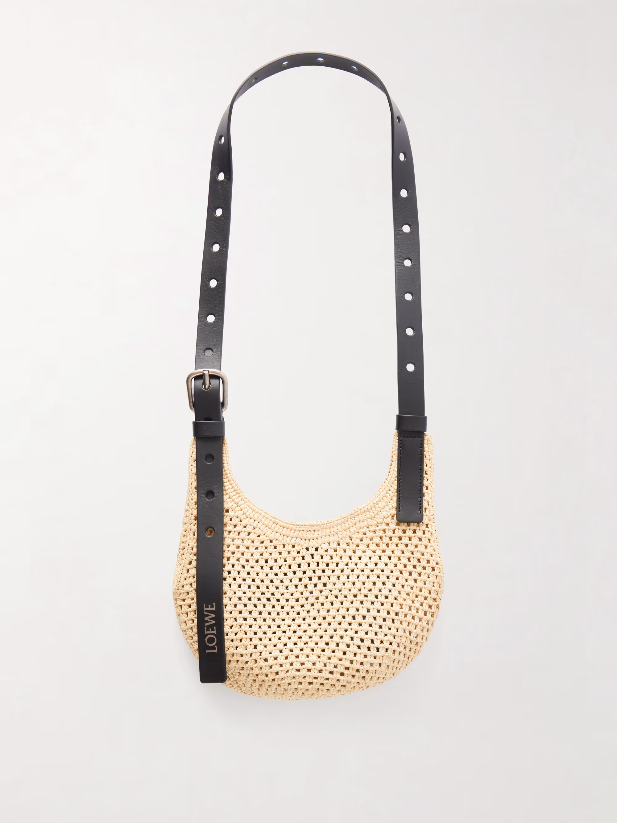 Loewe + Paula's Ibiza Punch Hole mini leather-trimmed raffia shoulder bag