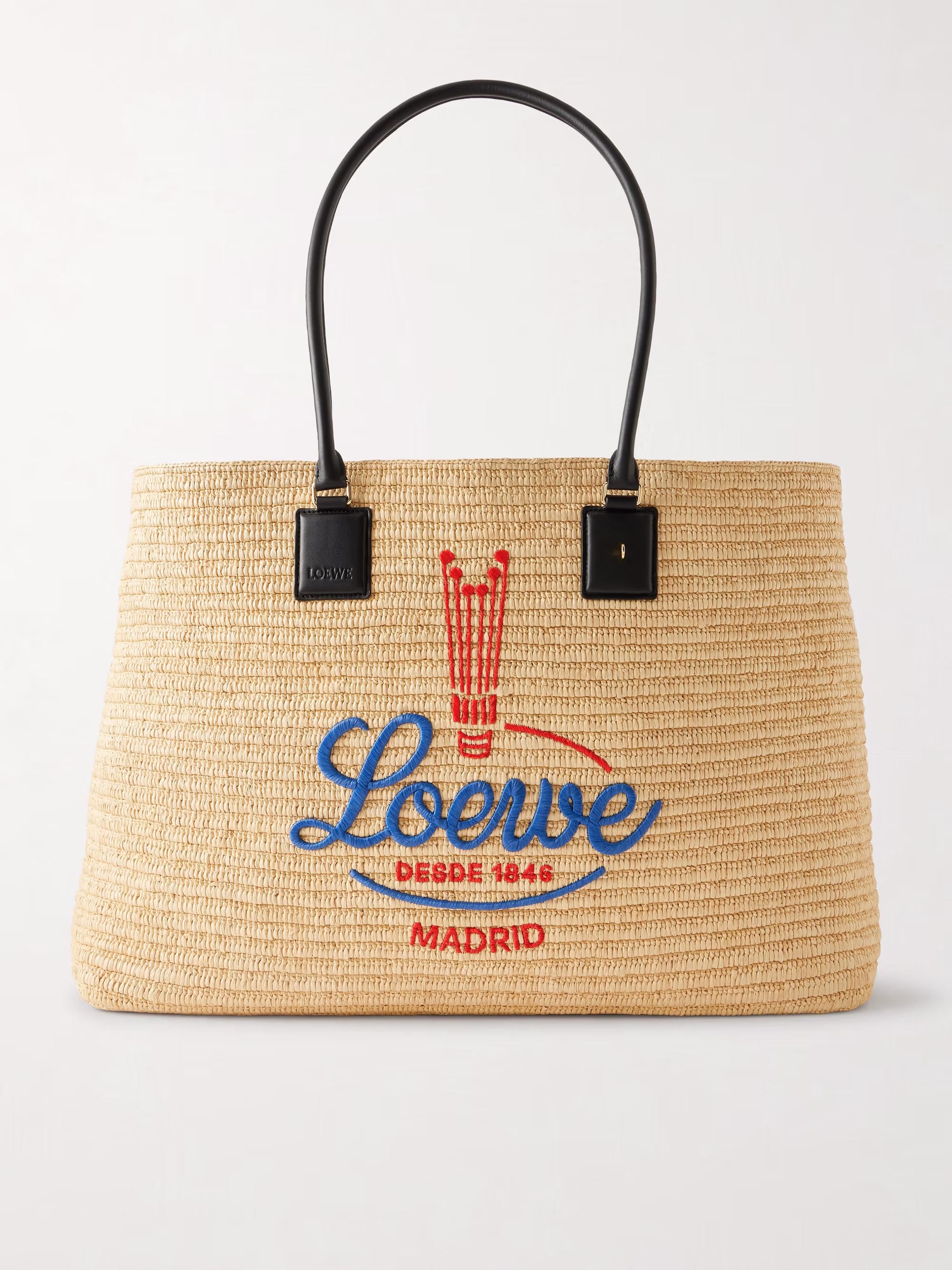 Loewe Verano embroidered leather-trimmed raffia tote