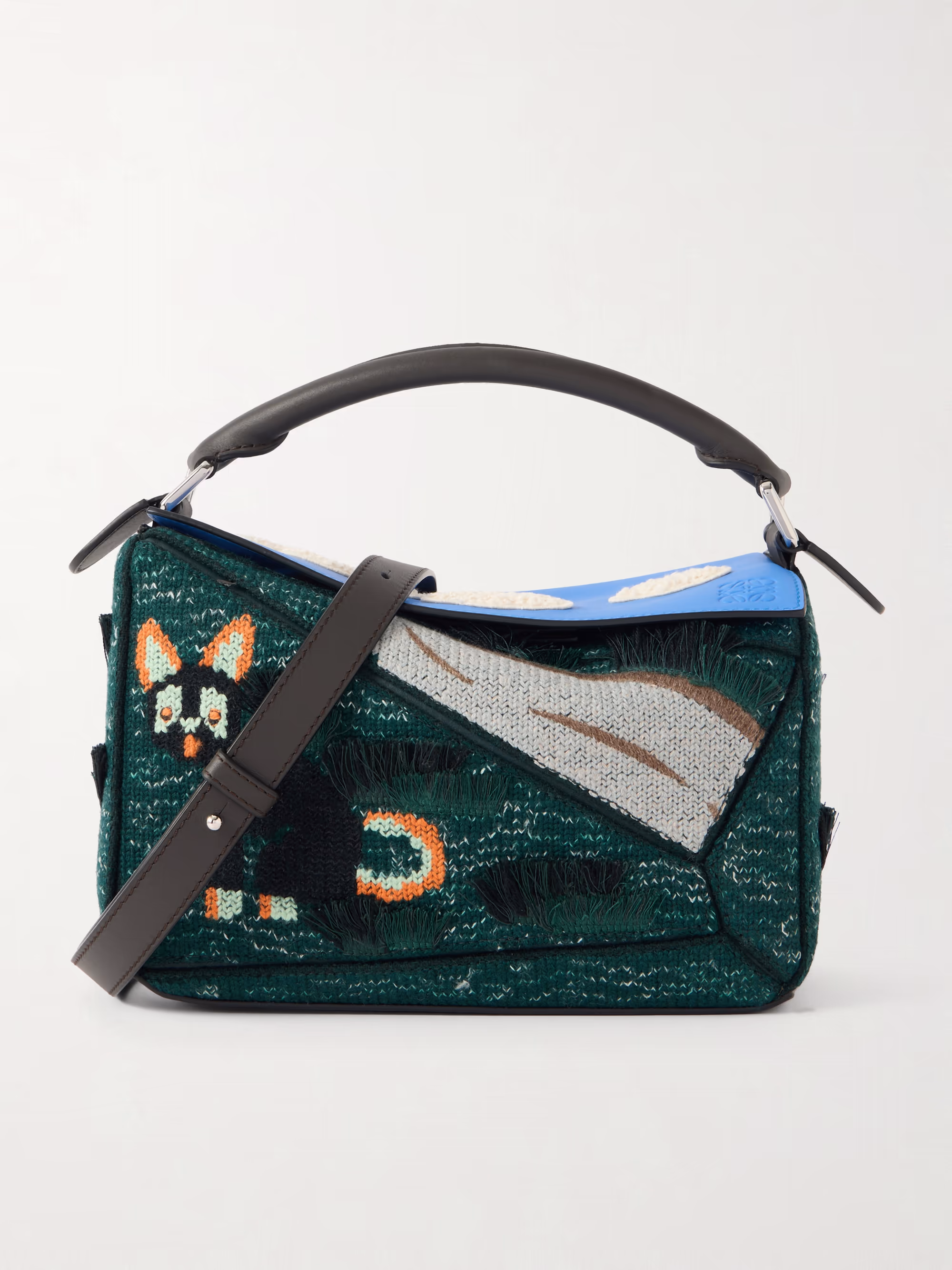 Loewe + Luis Wain Puzzle Futurist Cat appliquéd leather and knitted shoulder bag