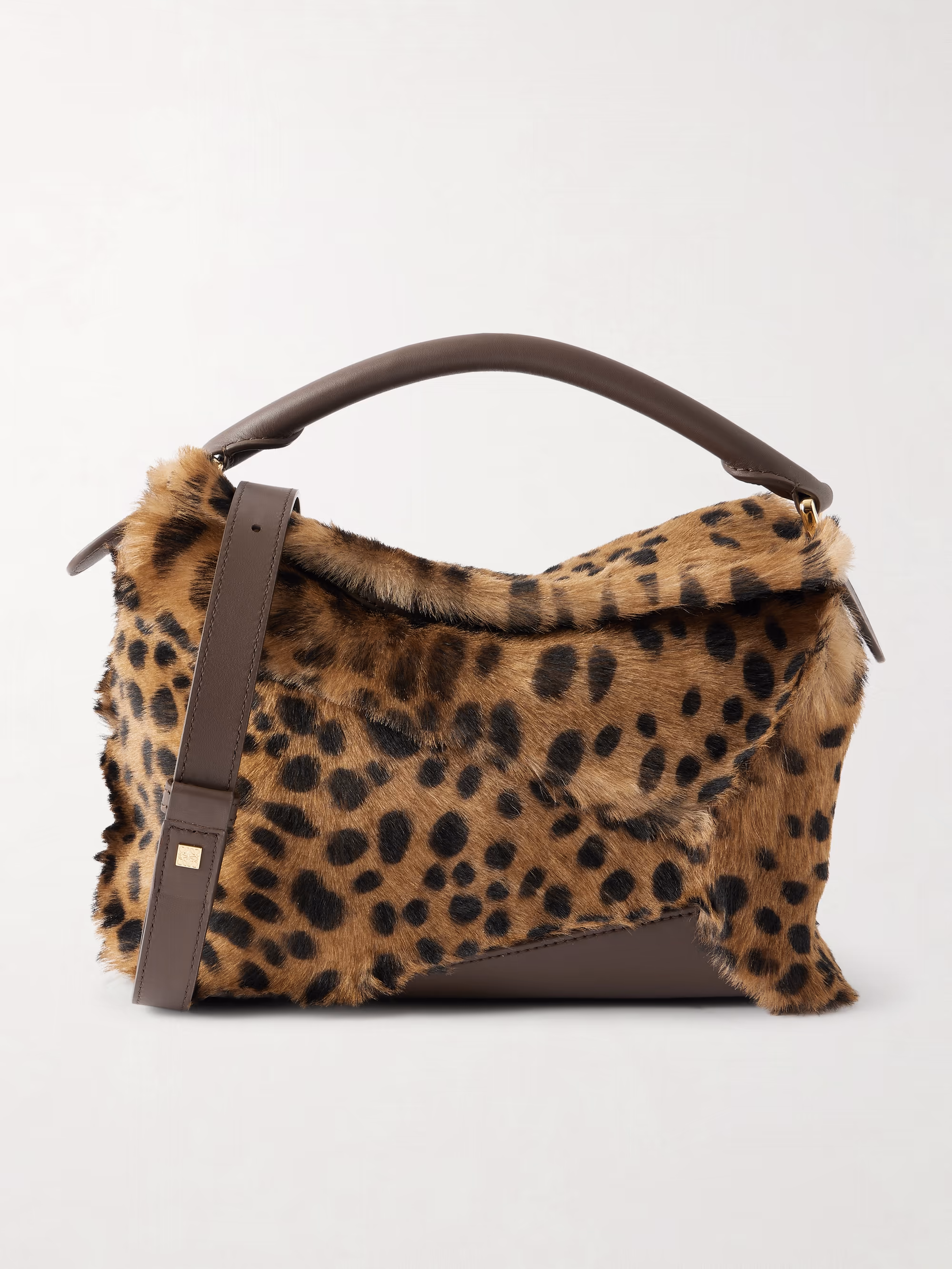Loewe Puzzle Edge small leather-trimmed leopard-print shearling shoulder bag