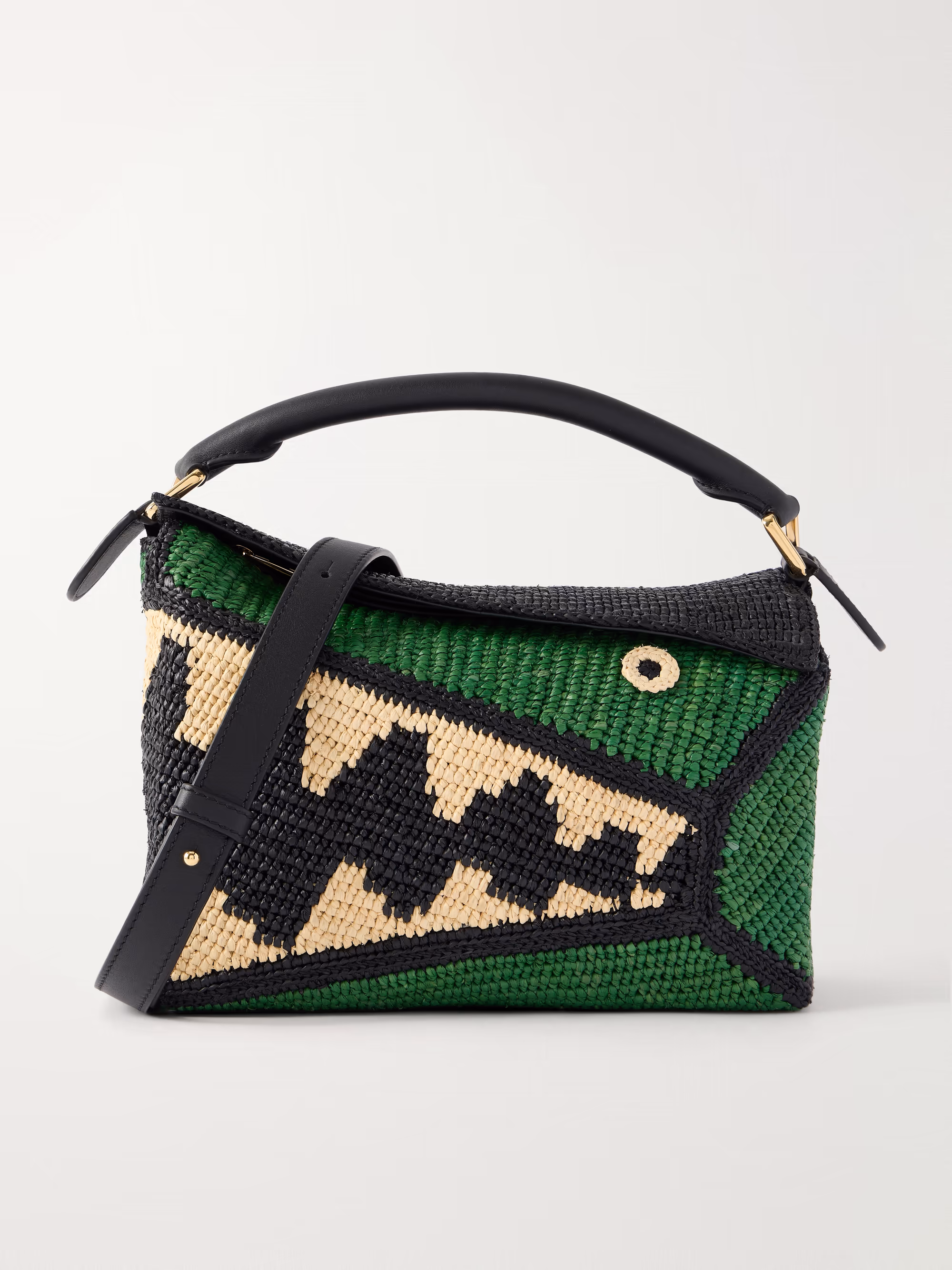 Loewe + Paula's Ibiza Puzzle Edge Crocodile leather-trimmed raffia shoulder bag