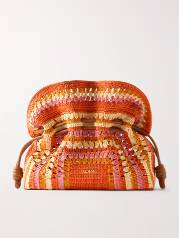 Loewe + Paula's Ibiza Flamenco mini leather-trimmed crocheted raffia clutch
