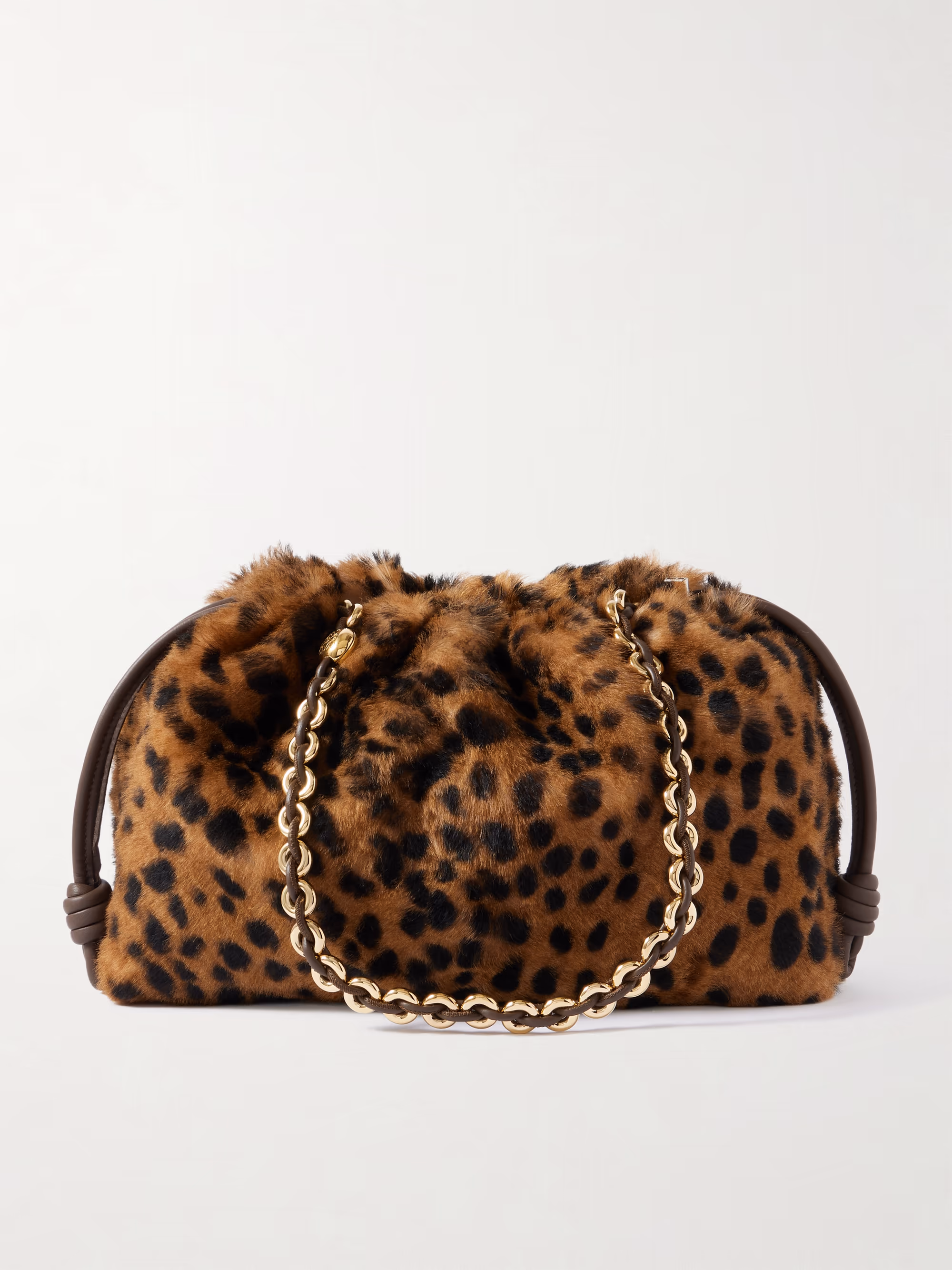 Loewe Flamenco medium leather-trimmed leopard-print shearling clutch