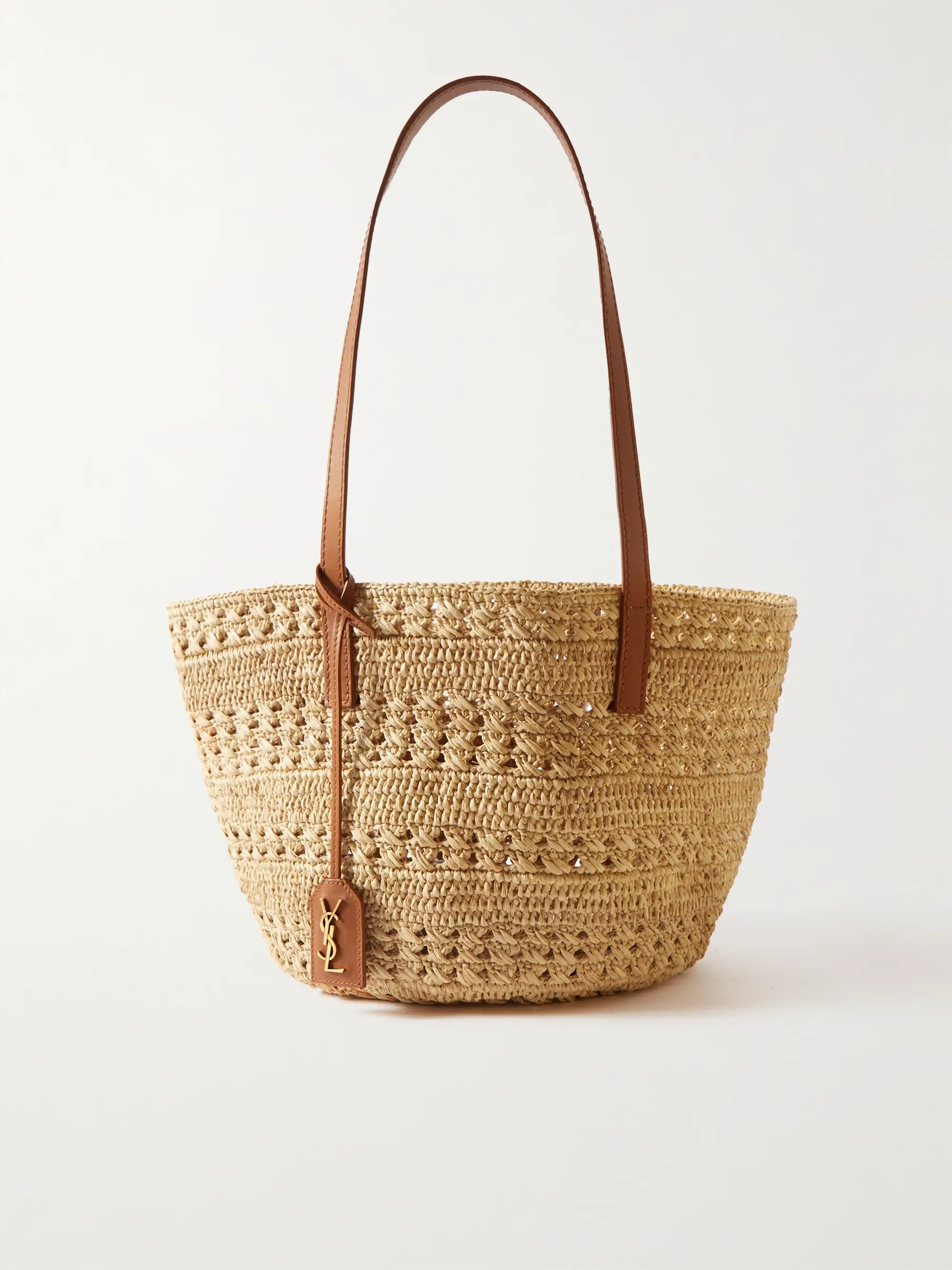 Saint Laurent Small Panier leather-trimmed raffia tote