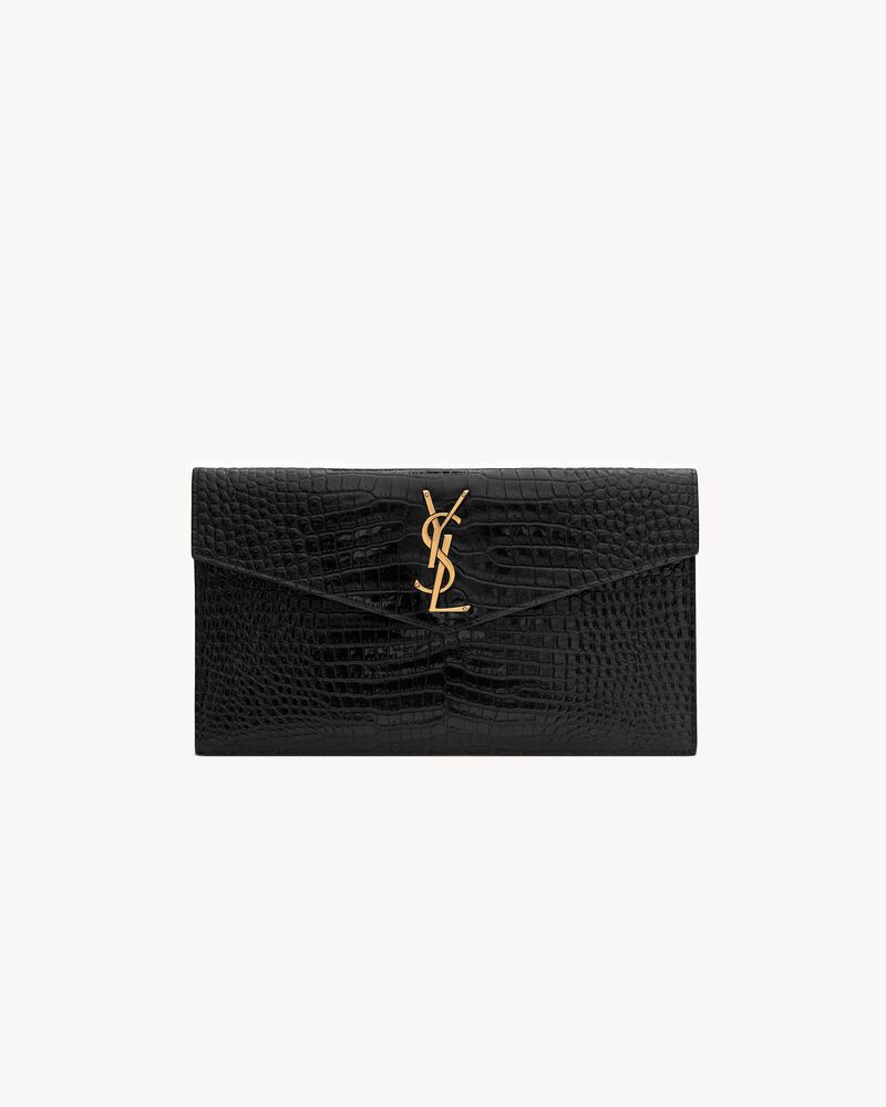 Saint Laurent Uptown Pouch in Crocodile-Embossed Shiny Leather