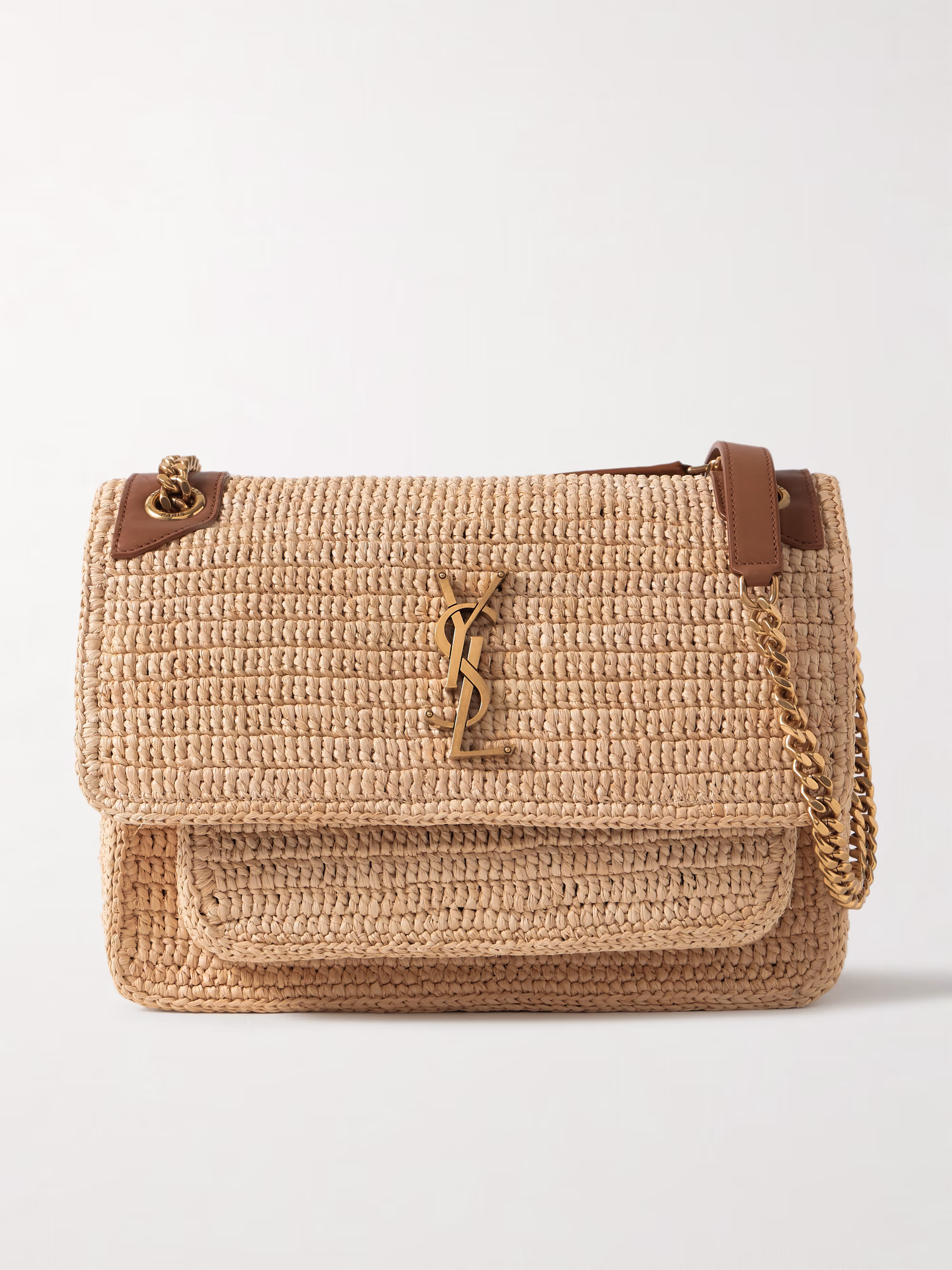 Saint Laurent Niki medium leather-trimmed raffia shoulder bag