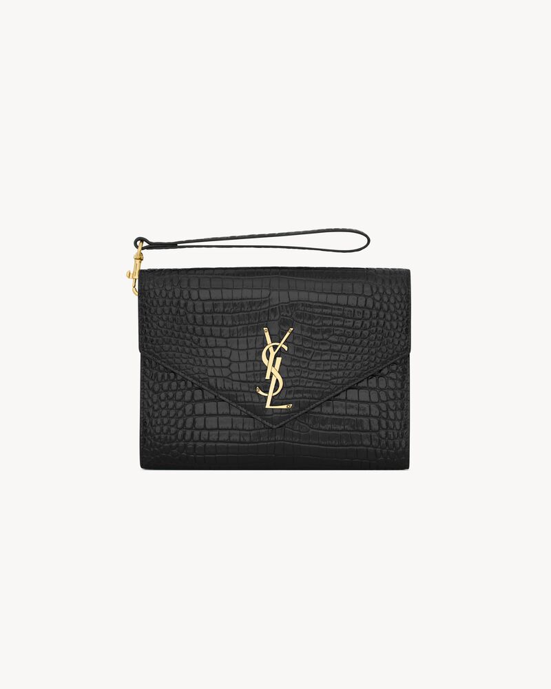 Saint Laurent CASSANDRE flap pouch in crocodile-embossed shiny leather