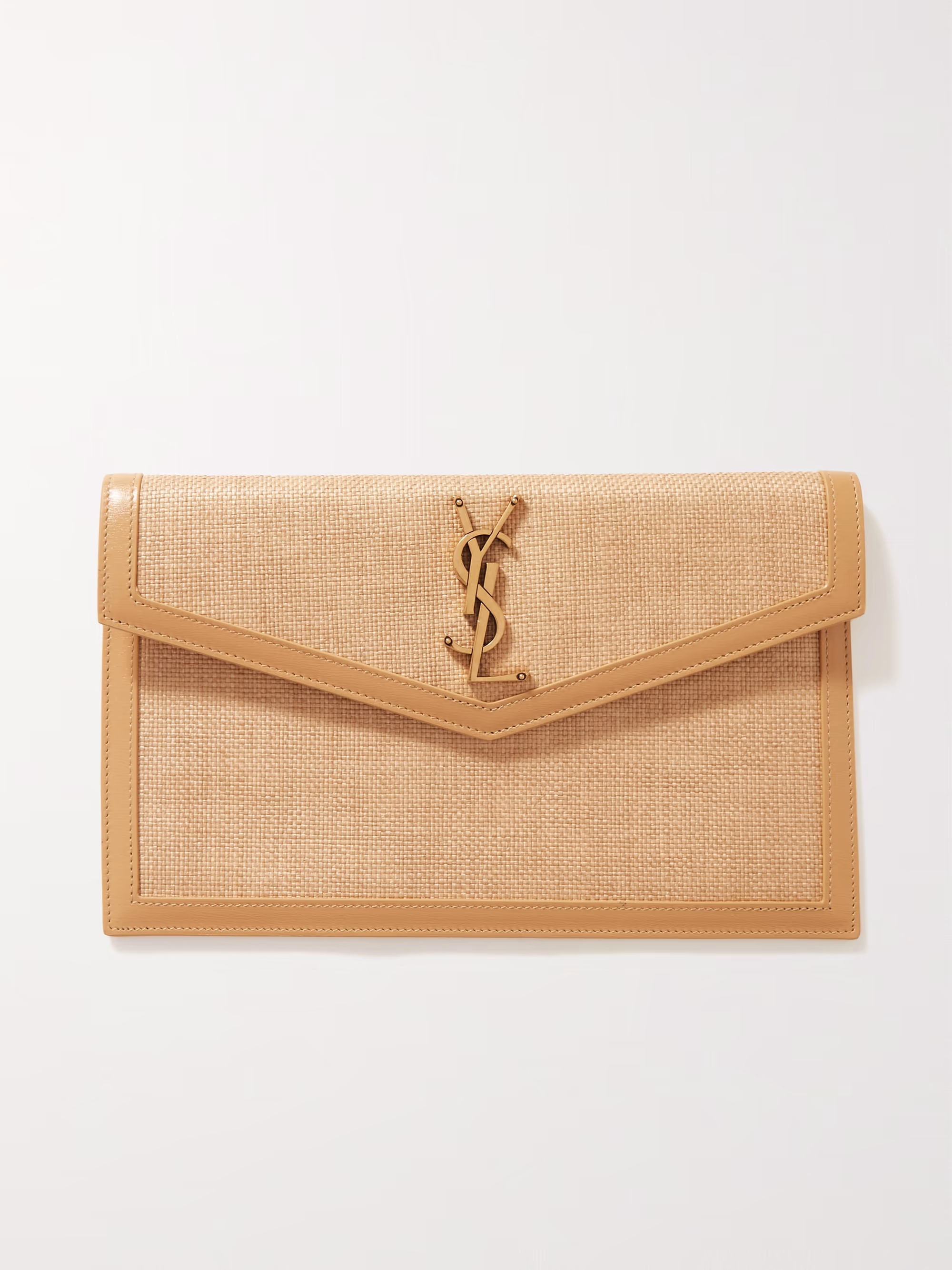 Saint Laurent Uptown leather-trimmed raffia pouch