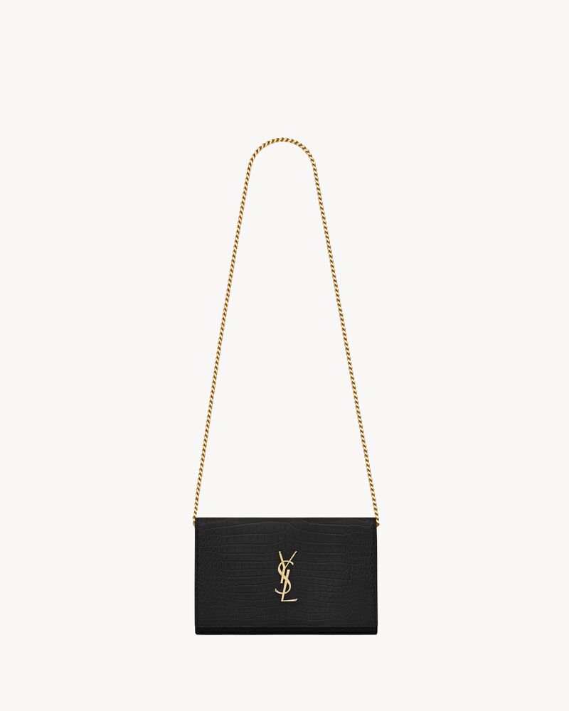 Saint Laurent CASSANDRE chain wallet in crocodile-embossed shiny leather